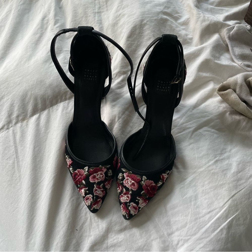 White House Black Market Embroidered Floral Pointed-Toe Ankle Strap Heels